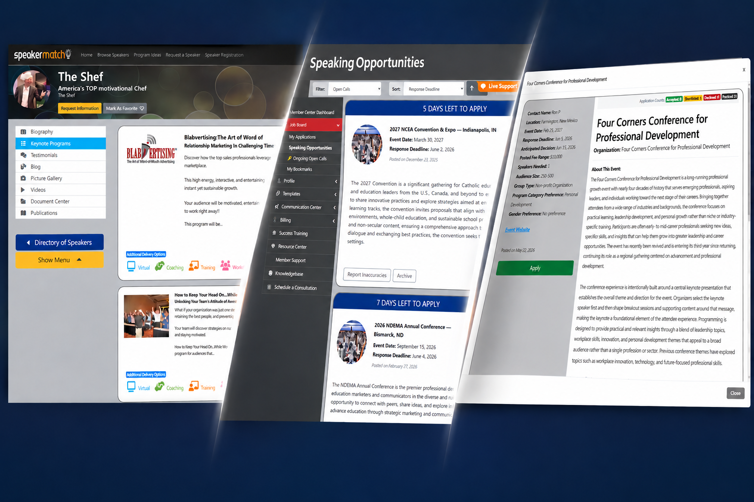 SpeakerMatch profile opportunities and event detail dashboard